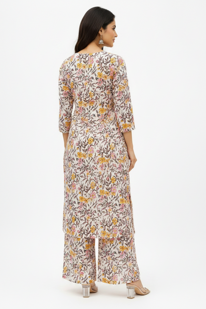 Natural Fab Gulbhar Women’s Sanganeri Hand Block Printed Kurti & Palazzo Set – White Floral 2-Piece Ethnic Set