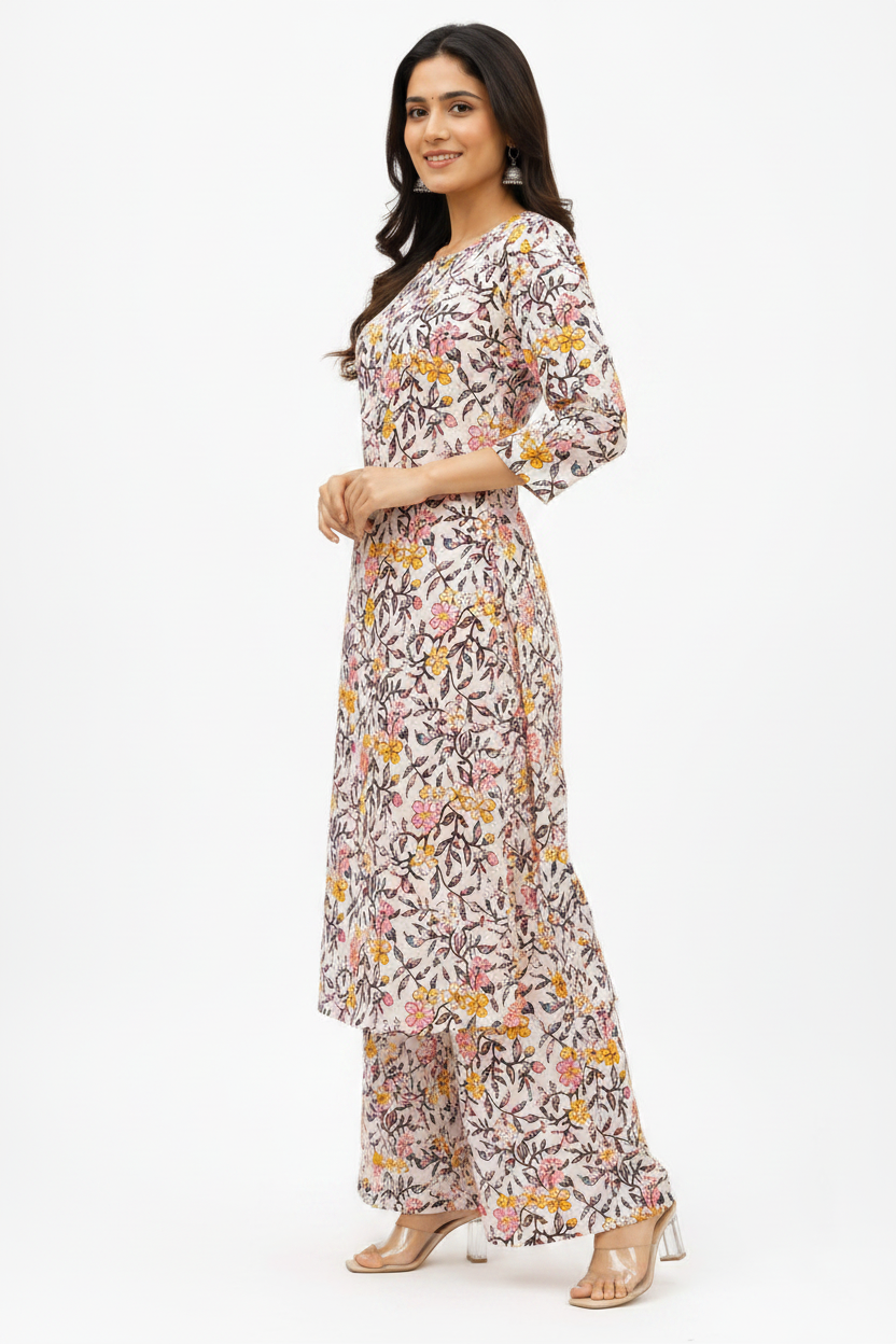 Natural Fab Gulbhar Women’s Sanganeri Hand Block Printed Kurti & Palazzo Set – White Floral 2-Piece Ethnic Set