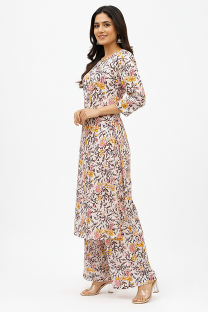 Natural Fab Gulbhar Women’s Sanganeri Hand Block Printed Kurti & Palazzo Set – White Floral 2-Piece Ethnic Set