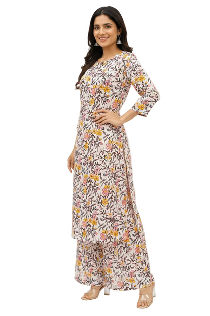 Natural Fab Gulbhar Women’s Sanganeri Hand Block Printed Kurti & Palazzo Set – White Floral 2-Piece Ethnic Set