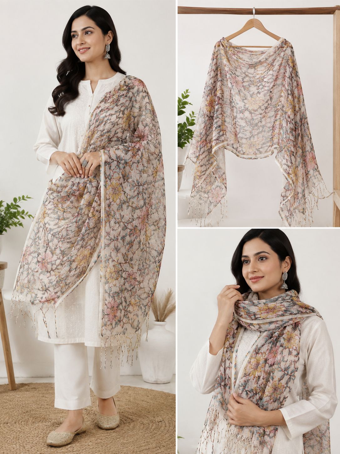 Natural Fab Gulbhar Women’s Kota Doria Hand Block Printed Floral Dupatta with Tassels