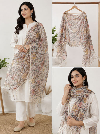 Natural Fab Gulbhar Women’s Kota Doria Hand Block Printed Floral Dupatta with Tassels