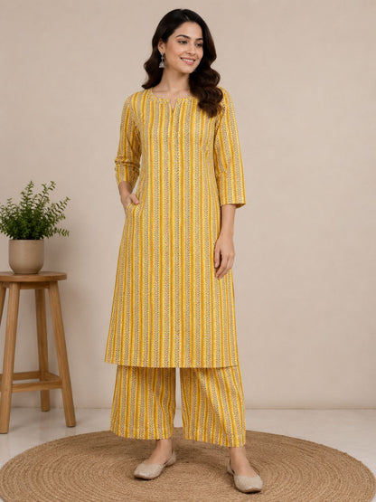 Natural Fab Vasant Women’s Mustard Yellow Hand Block Printed Kurta Palazzo Set