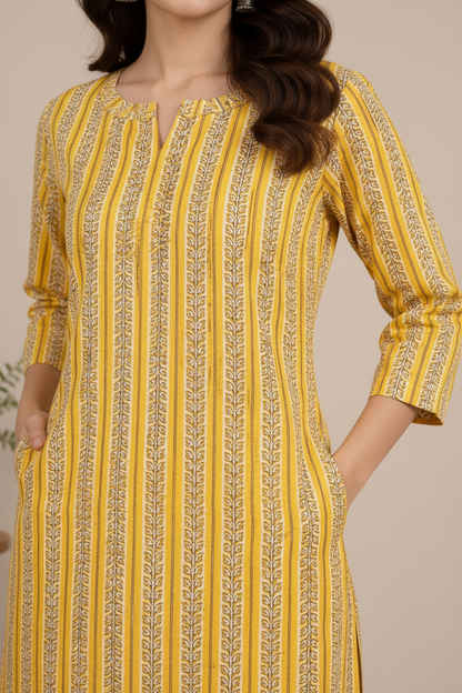 Natural Fab Vasant Women’s Mustard Yellow Hand Block Printed Kurta Palazzo Set