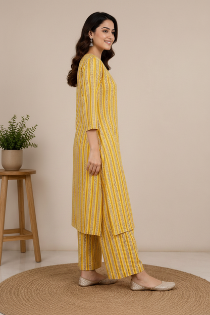 Natural Fab Vasant Women’s Mustard Yellow Hand Block Printed Kurta Palazzo Set