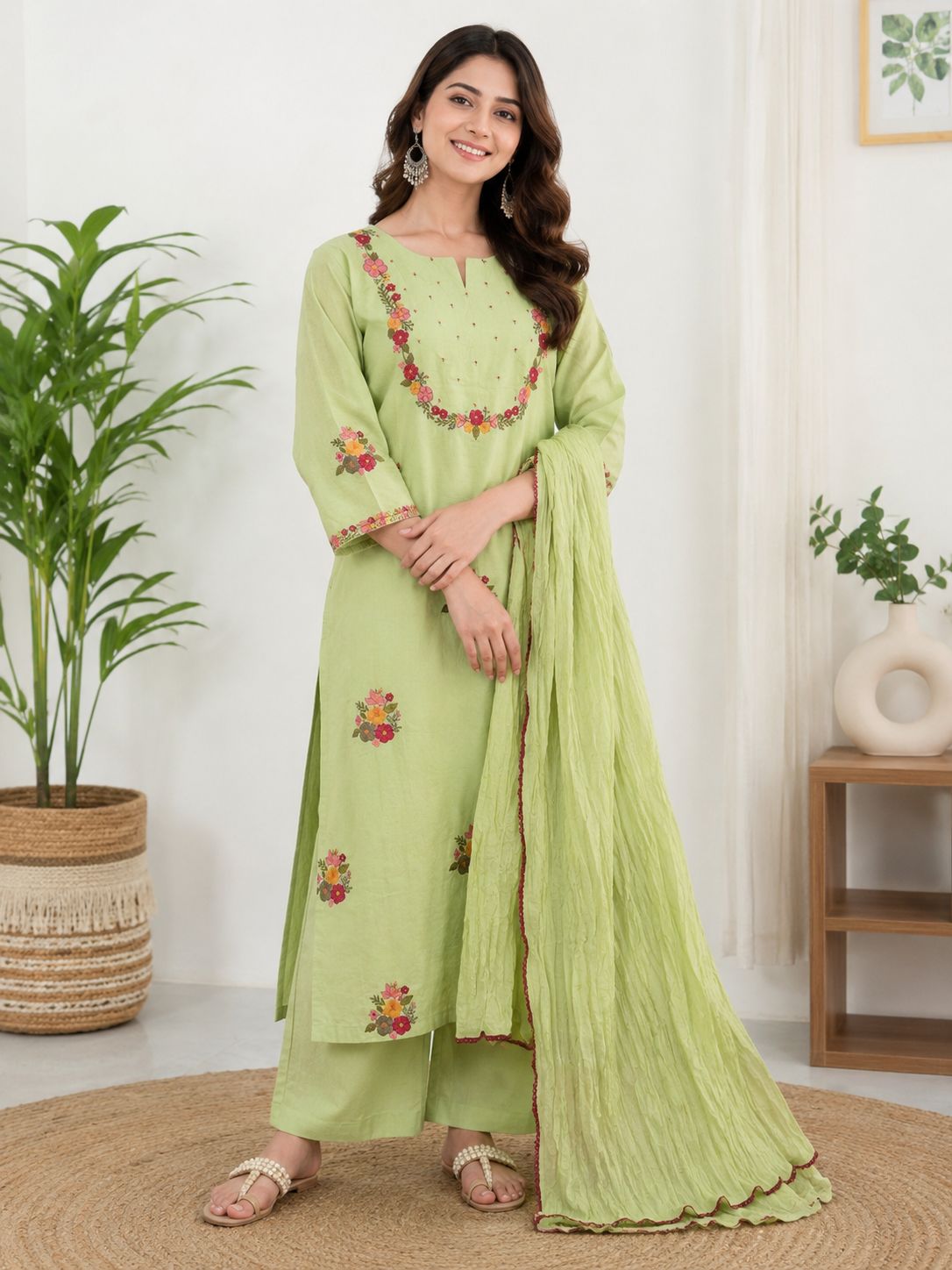 Natural Fab Women’s Light Green Floral Embroidered Kurta Palazzo Set with Dupatta – 3 Piece Ethnic Suit Set