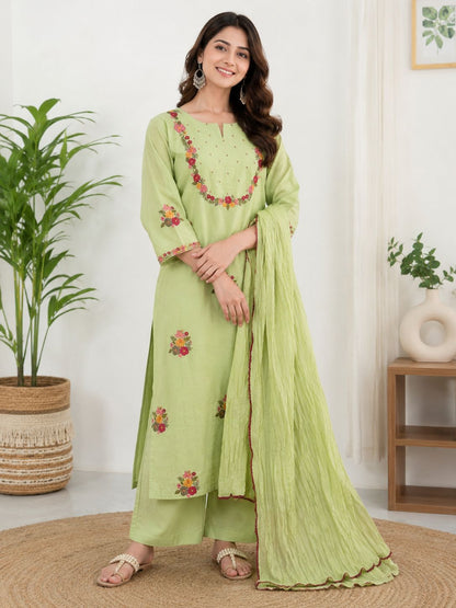 Natural Fab Women’s Light Green Floral Embroidered Kurta Palazzo Set with Dupatta – 3 Piece Ethnic Suit Set