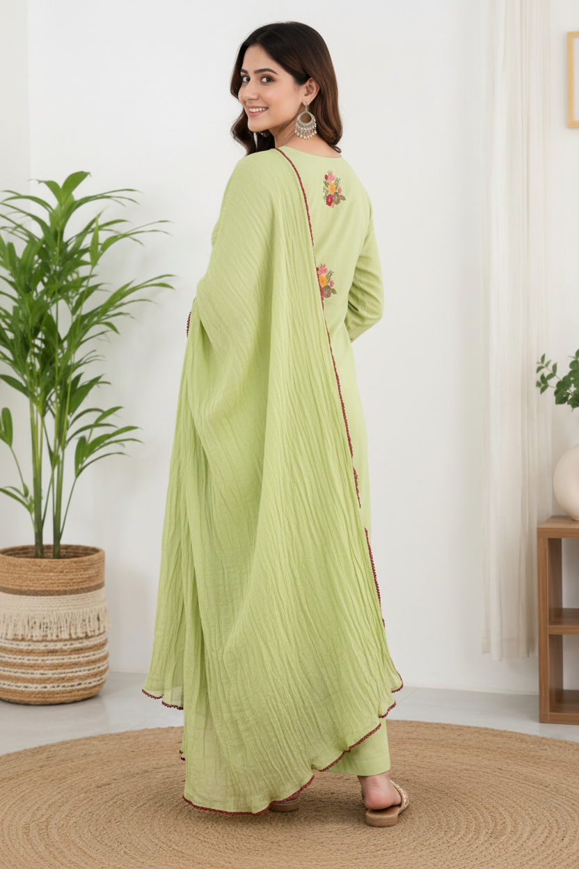 Natural Fab Women’s Light Green Floral Embroidered Kurta Palazzo Set with Dupatta – 3 Piece Ethnic Suit Set