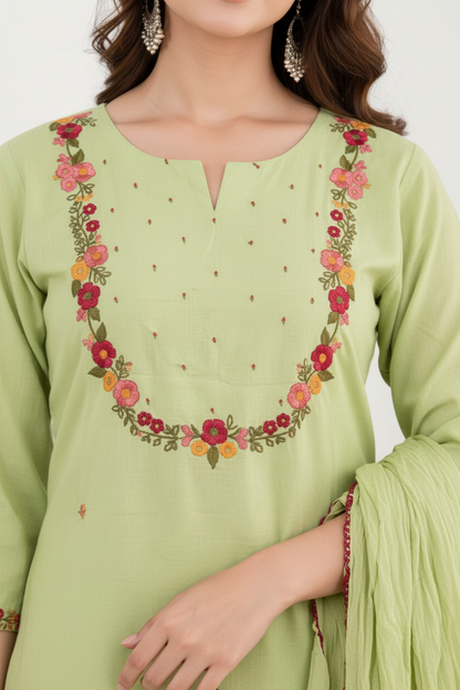 Natural Fab Women’s Light Green Floral Embroidered Kurta Palazzo Set with Dupatta – 3 Piece Ethnic Suit Set