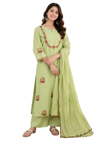 Natural Fab Women’s Light Green Floral Embroidered Kurta Palazzo Set with Dupatta – 3 Piece Ethnic Suit Set