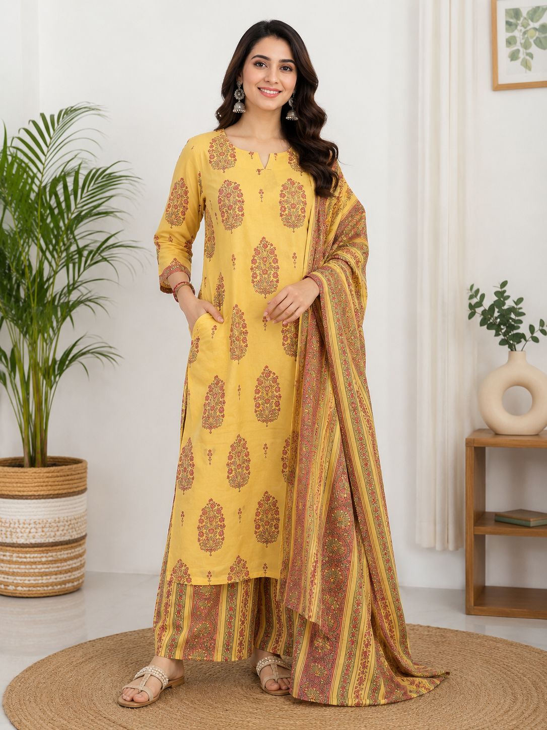 Natural Fab Women’s Mustard Yellow Floral Printed Kurta Palazzo Set with Dupatta – 3 Piece Ethnic Suit Set