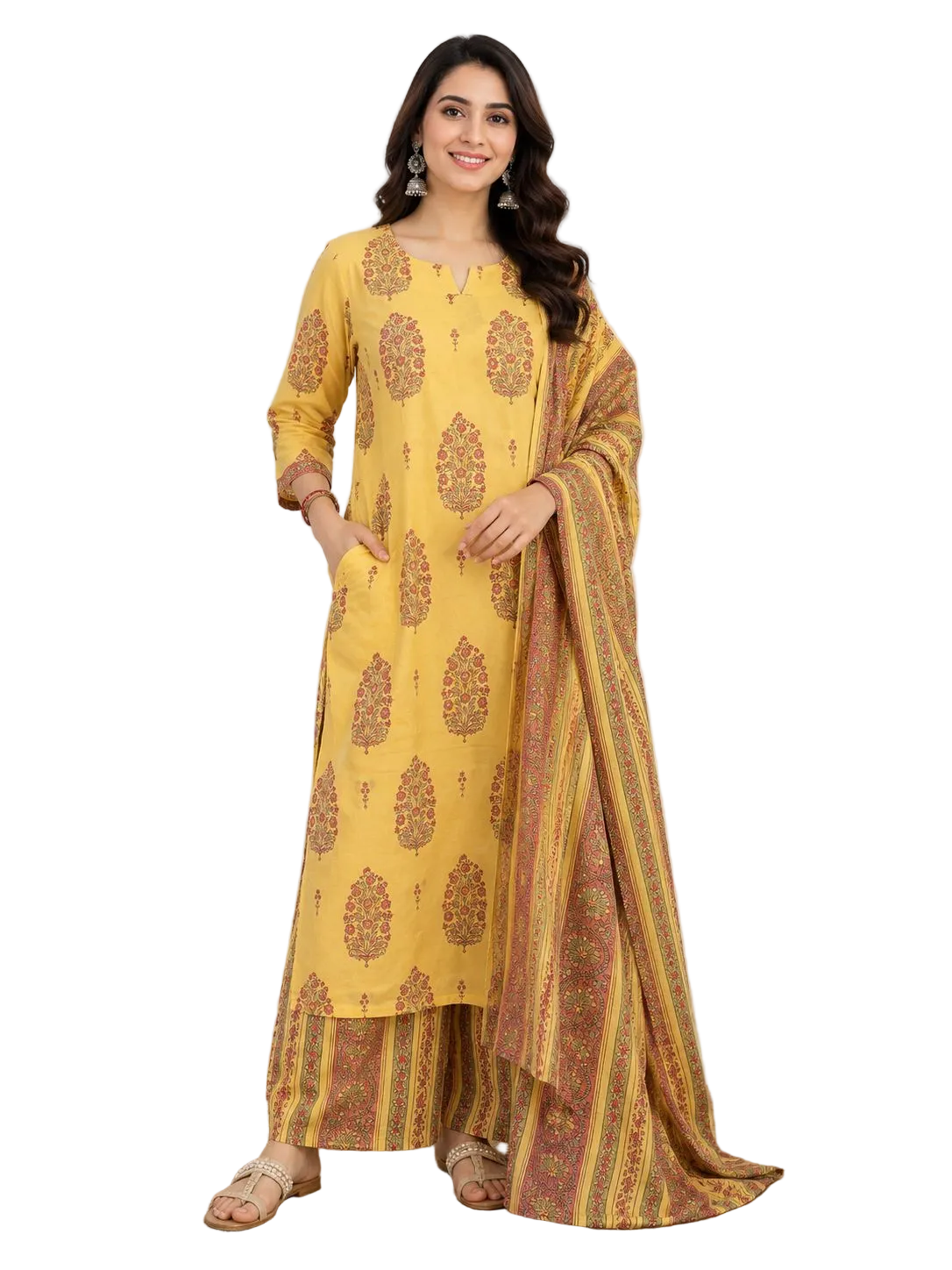 Natural Fab Women’s Mustard Yellow Floral Printed Kurta Palazzo Set with Dupatta – 3 Piece Ethnic Suit Set