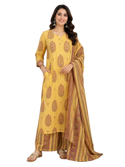 Natural Fab Women’s Mustard Yellow Floral Printed Kurta Palazzo Set with Dupatta – 3 Piece Ethnic Suit Set