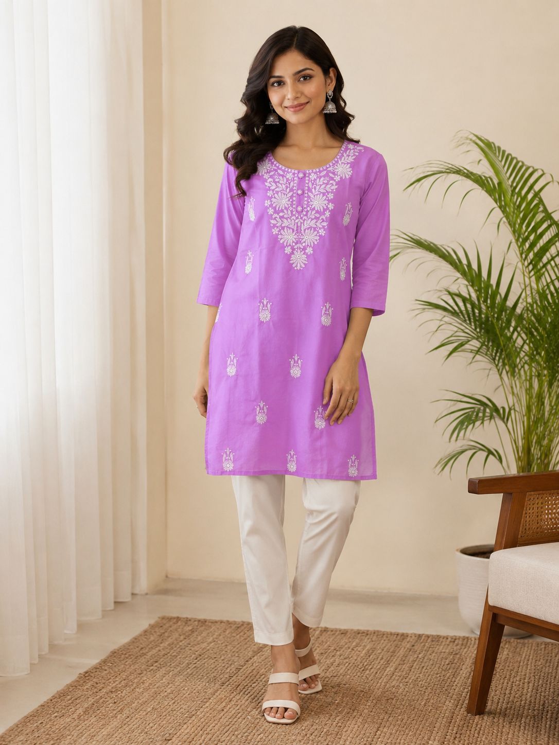 Natural Fab Women’s Purple Cotton Short Kurti with White Floral Embroidery and 3/4 Sleeves