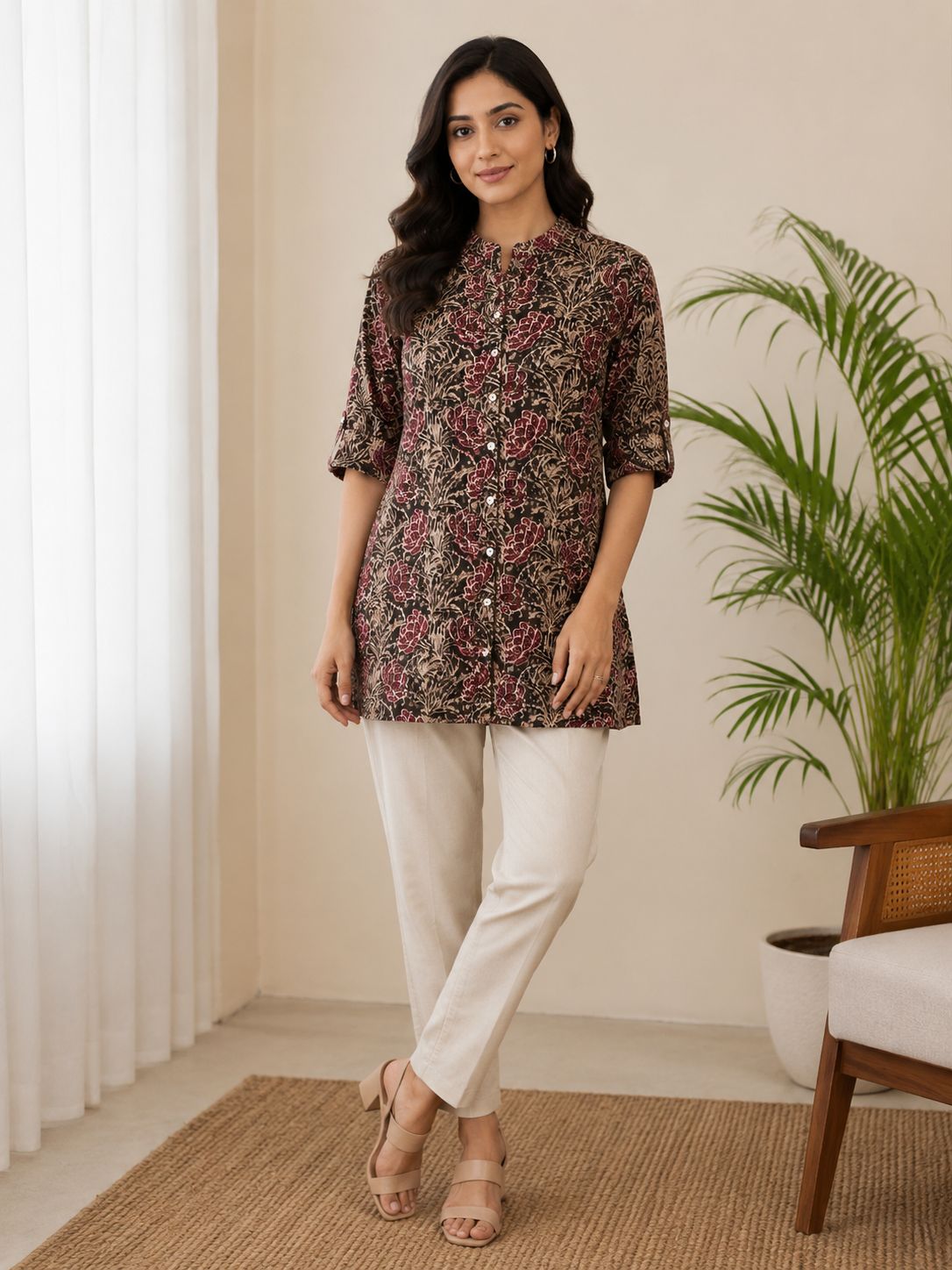 Natural Fab Women’s Black Floral Printed Rayon Short Kurti with Mandarin Collar and Button-Down Front