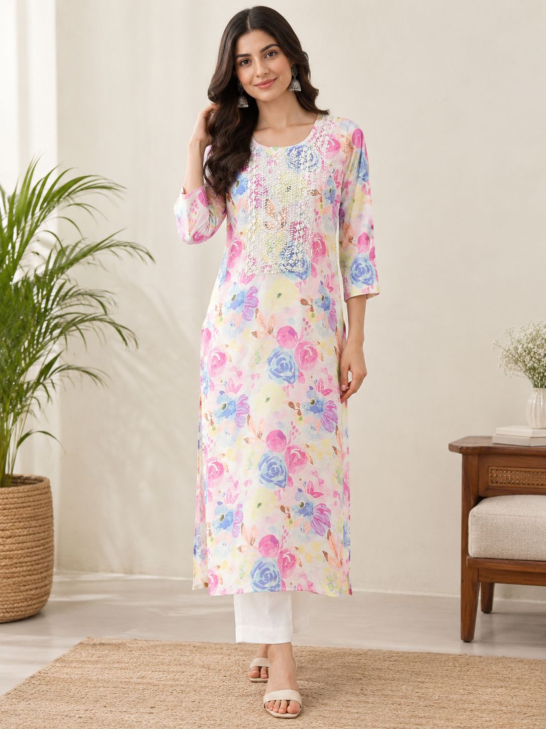 Natural Fab Women’s White Multicolour Floral Printed Cotton Long Kurti with Embroidered Yoke