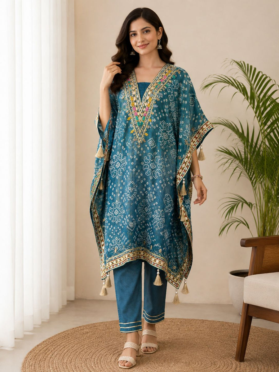 Women’s Printed Kaftan Set with Pants | Stylish Ethnic Kaftan Kurta Set | 2 Piece Casual & Festive Wear Set