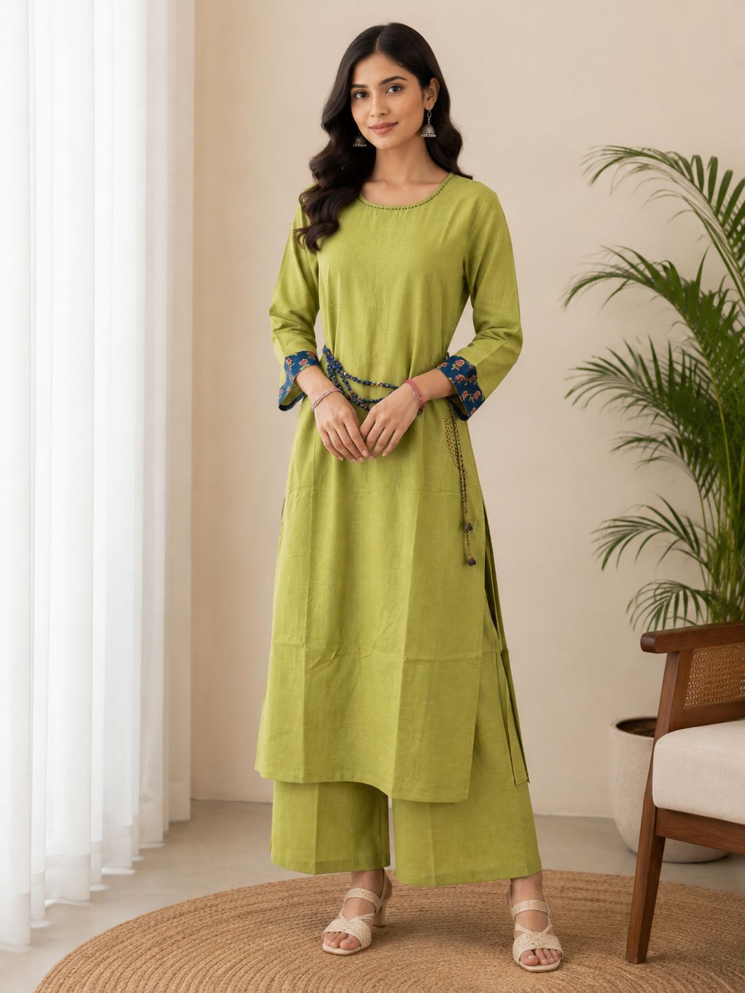 Natural Fab Women’s Olive Green Cotton Kurta Palazzo Set with Printed Cuffs and Tassel Waist Tie