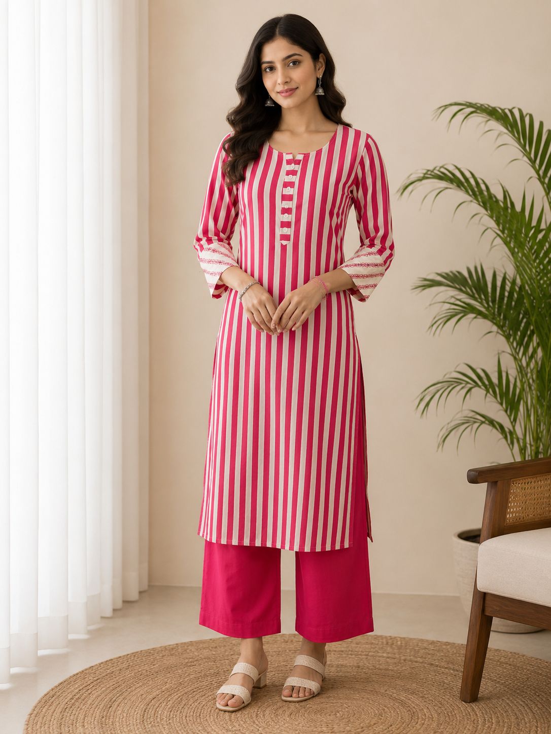 Natural Fab Women’s Pink Striped Maslin Kurta Palazzo Set with Button Placket – 2 Piece Ethnic Set