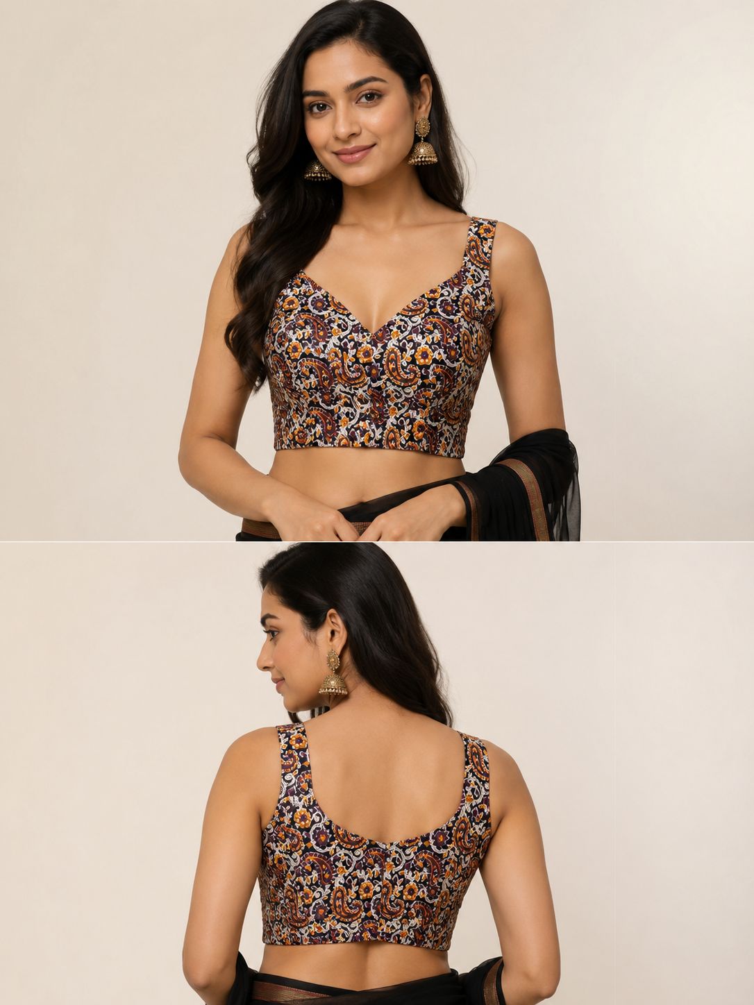 Women’s Free Size Cotton Printed Blouse with Side Elastic | Sleeveless V-Neck Stretch Fit Saree Blouse