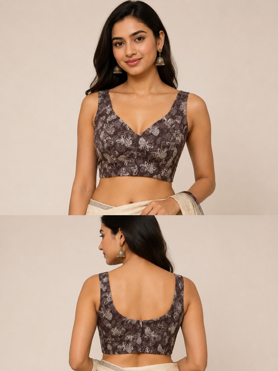 Women’s Brown Floral Printed Saree Blouse | Sleeveless V-Neck Ready-to-Wear Ethnic Blouse