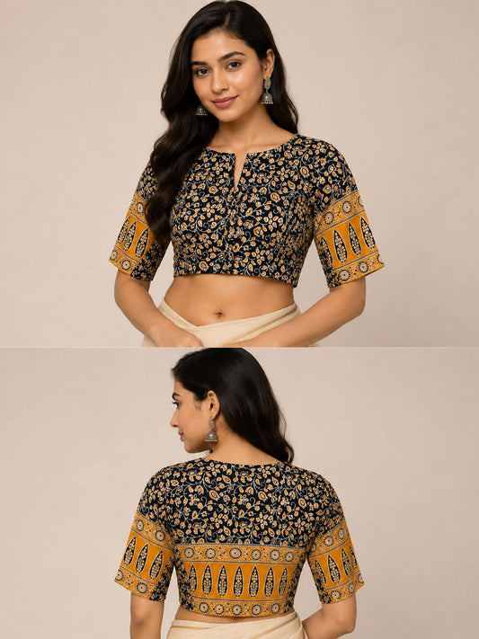 Women’s Free Size Cotton Printed Saree Blouse with Side Elastic | Half Sleeve Floral Ethnic Ready-to-Wear Blouse