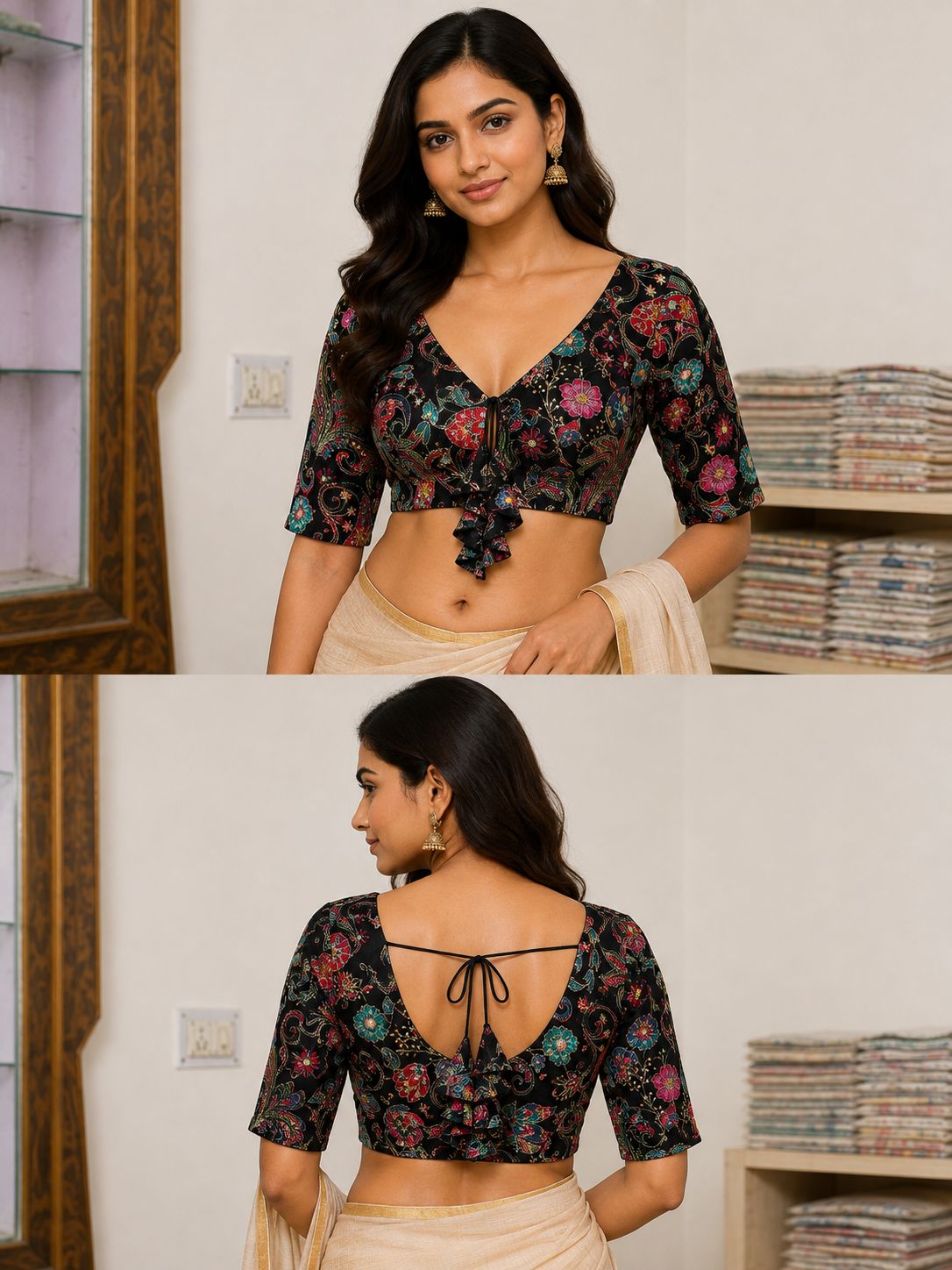 Women’s Black Multicolour Floral Printed Saree Blouse | V-Neck Half Sleeve Tie-Up Ethnic Blouse