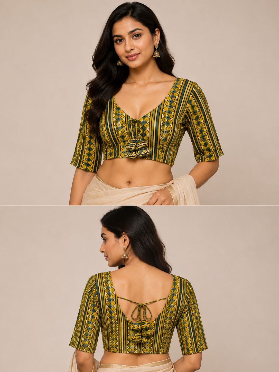 Women’s Modal Silk Printed Semi-Stitched Saree Blouse | Adjustable Size 34–46 | V-Neck Half Sleeve Tie-Up Blouse