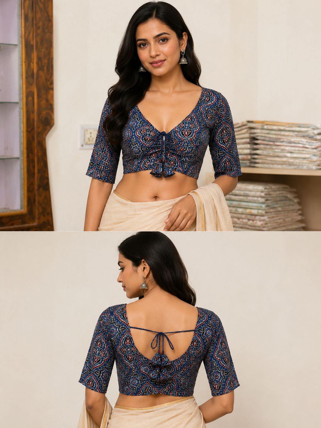 Women’s Blue Multicolour Printed Saree Blouse | V-Neck Half Sleeve Ethnic Blouse with Front Ruffle & Back Dori Tie
