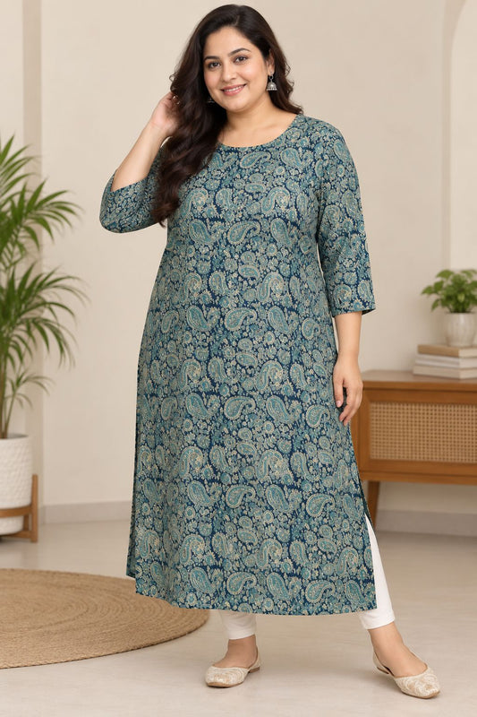 Natural Fab Women’s Plus Size Teal Blue Paisley Printed Long Kurti with Round Neck & 3/4 Sleeves