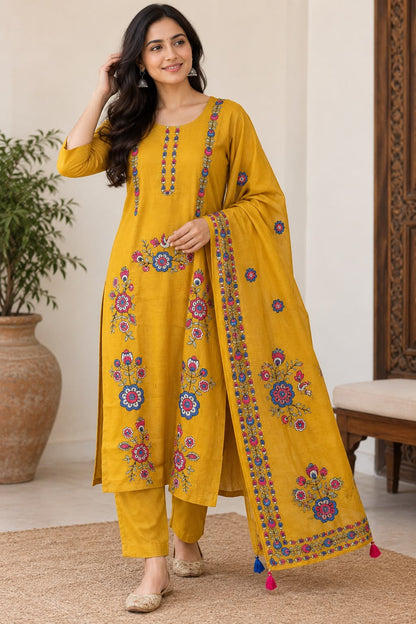 Natural Fab Women’s Mustard Yellow Chanderi Hand-Embroidered Kurta Pant & Dupatta Set
