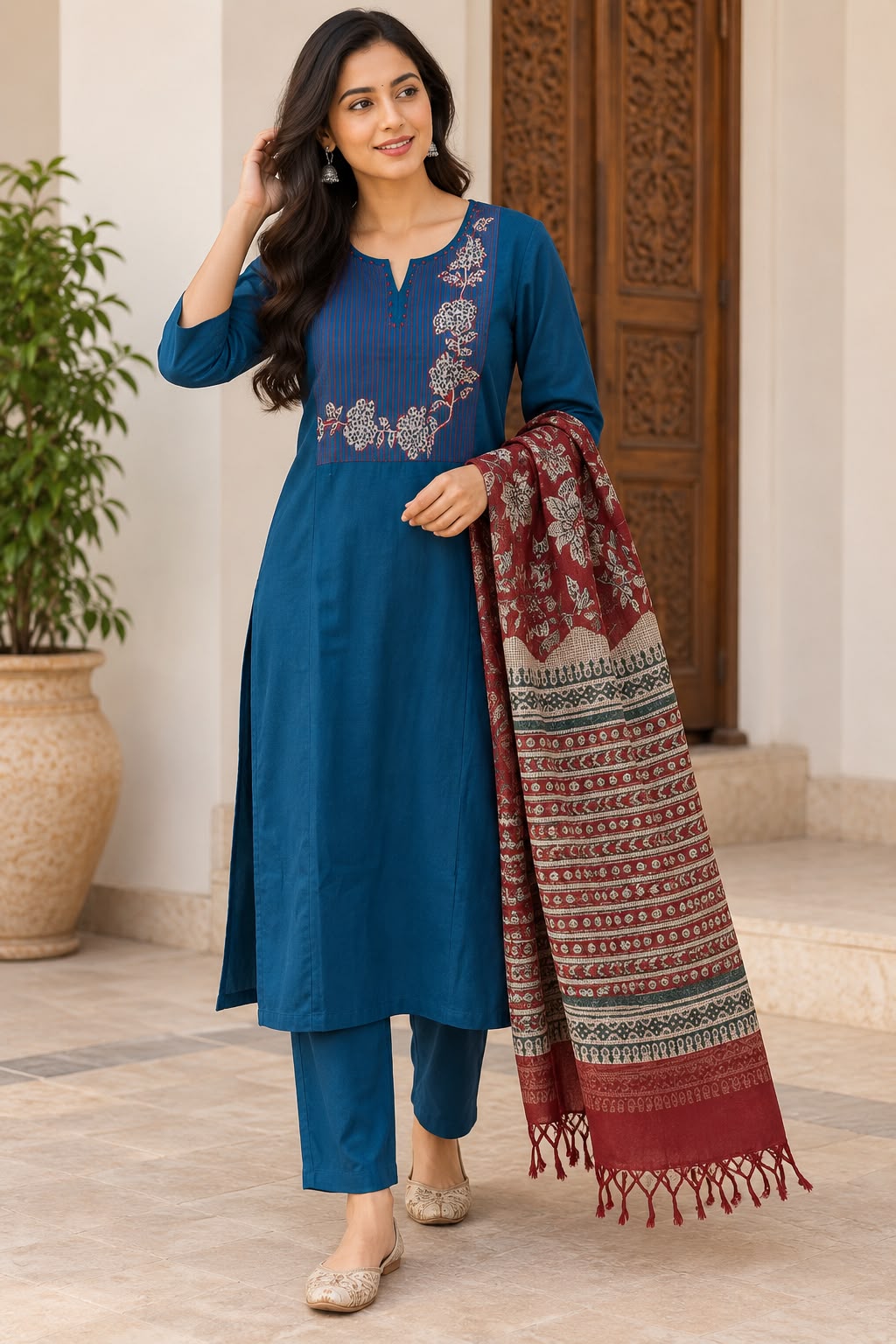 Natural Fab Women’s Teal Blue Cotton Kurta Pant Set with Printed Kota Doria Dupatta