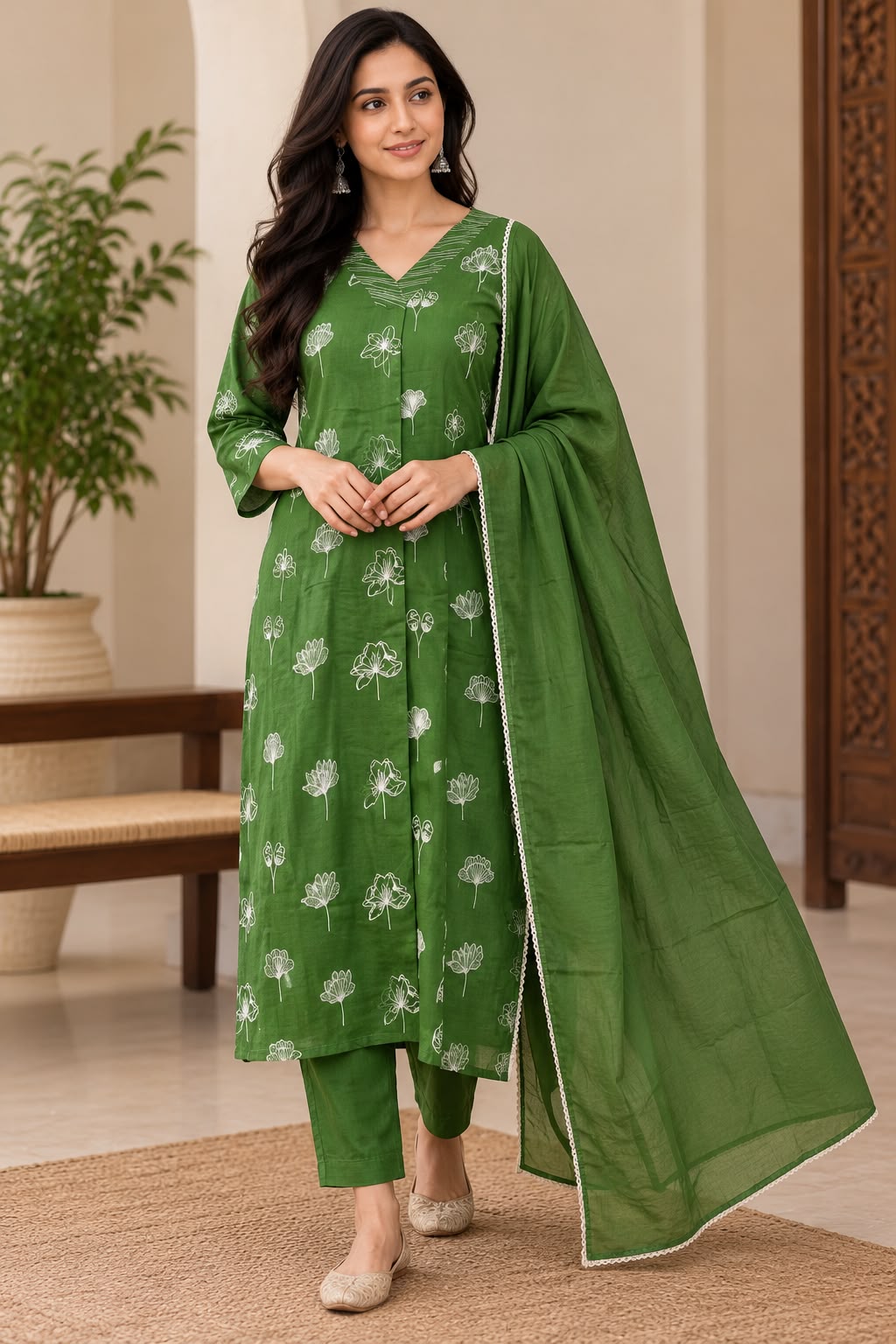 Natural Fab Women’s Green Mal Cotton Printed Kurta Pant & Dupatta Set | 3-Piece Ethnic Suit