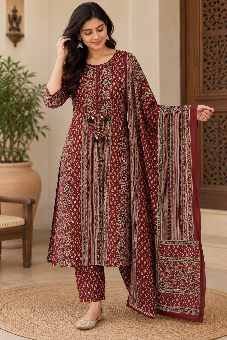Natural Fab Women’s Maroon Printed Kurta Pant & Dupatta Set | 3-Piece Ethnic Suit