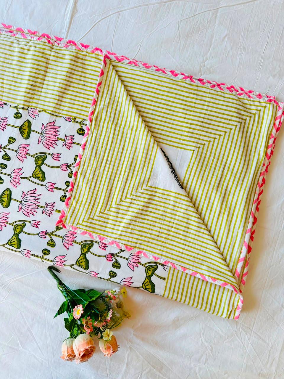 Natural Fab 3-Layer Cotton Double Bed Dohar, Original Hand Block Printed Pink Lotus Floral Design, 90 x 108 Inches