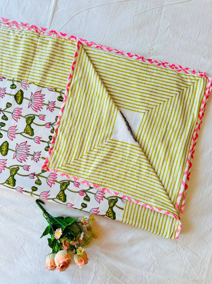 Natural Fab 3-Layer Cotton Double Bed Dohar, Original Hand Block Printed Pink Lotus Floral Design, 90 x 108 Inches