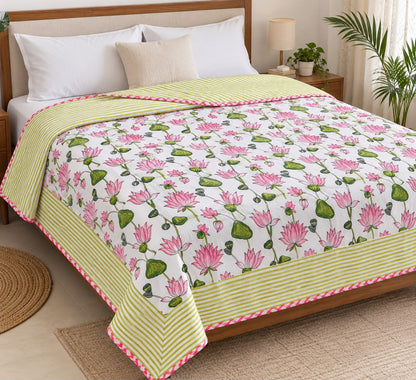 Natural Fab 3-Layer Cotton Double Bed Dohar, Original Hand Block Printed Pink Lotus Floral Design, 90 x 108 Inches