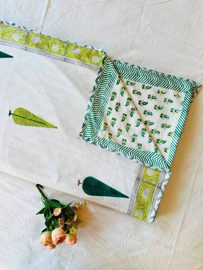 Natural Fab Cotton Double Bed Dohar with Green Leaf Print and Decorative Border, Lightweight Bedding, 90 × 108 Inches