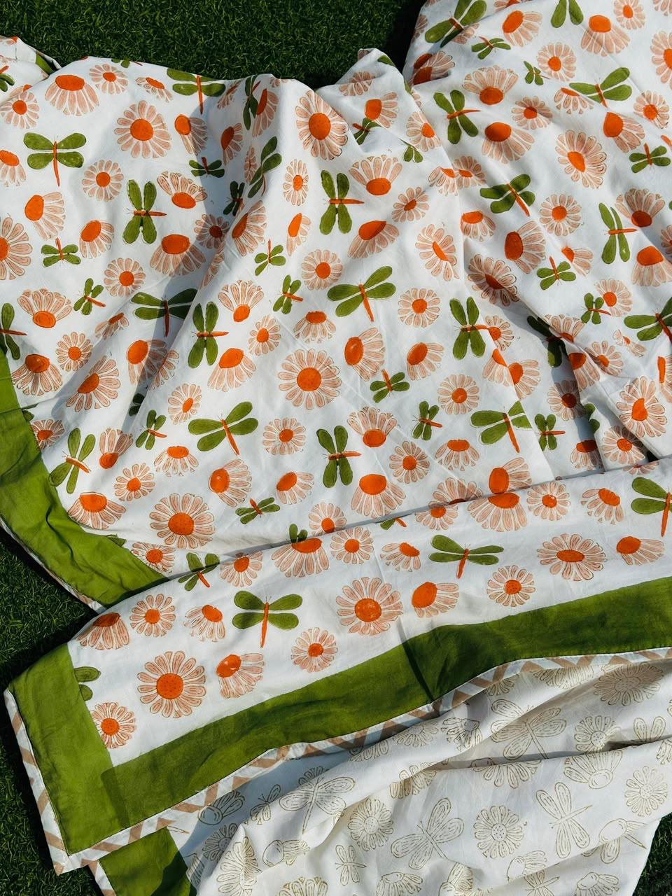 Natural Fab 3-Layer Cotton Single Bed Dohar, Original Hand Block Printed Orange Floral & Green Dragonfly Design, 60 × 90 Inches