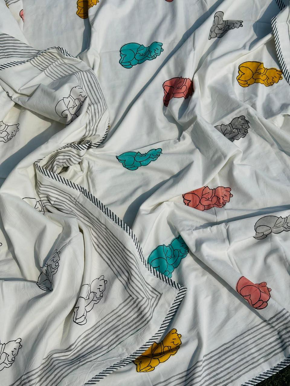 Natural Fab 3-Layer Cotton Single Bed Dohar, Original Hand Block Printed Multicolour Sleeping Bear Design with Grey Striped Border, 60 × 90 Inches