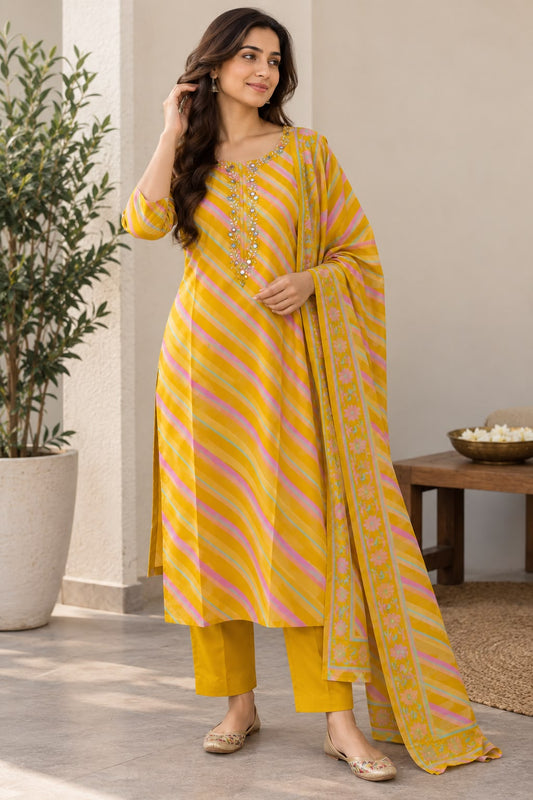 Naturalfab Women's Yellow Striped Cotton Kurta Set with Decorative Neckline, Pants and Dupatta