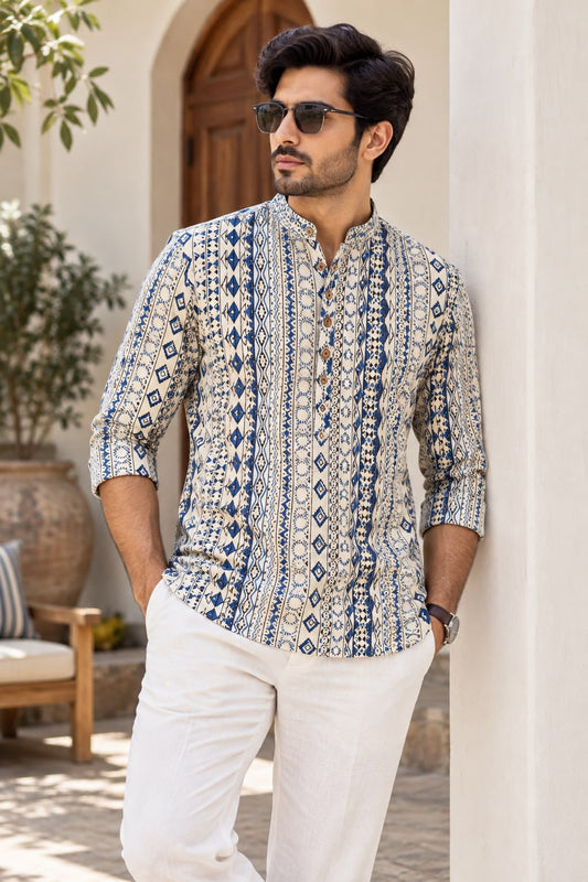 Natural Fab Men’s Neel Bagh Hand Block Printed Short Kurta in Blue & Cream with Mandarin Collar