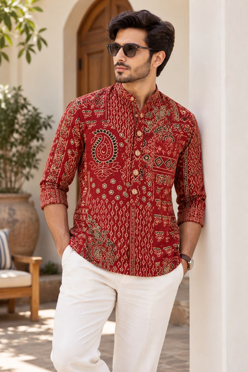 Natural Fab Men’s Red Printed Short Kurta with Mandarin Collar & Paisley Floral Ethnic Motifs