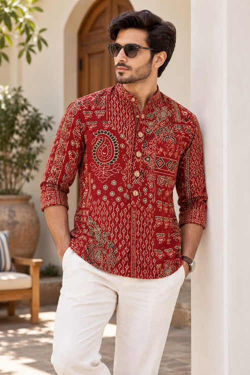Natural Fab Men’s Red Printed Short Kurta with Mandarin Collar & Paisley Floral Ethnic Motifs