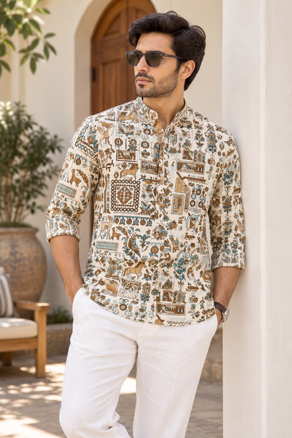 Natural Fab Men’s Cream Printed Short Kurta with Mandarin Collar, Animal & Floral Motifs