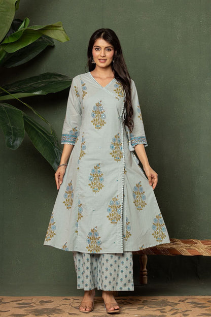 Natural Fab Women’s Light Blue Floral Printed Angrakha Style Kurti Set with Pants & Dupatta