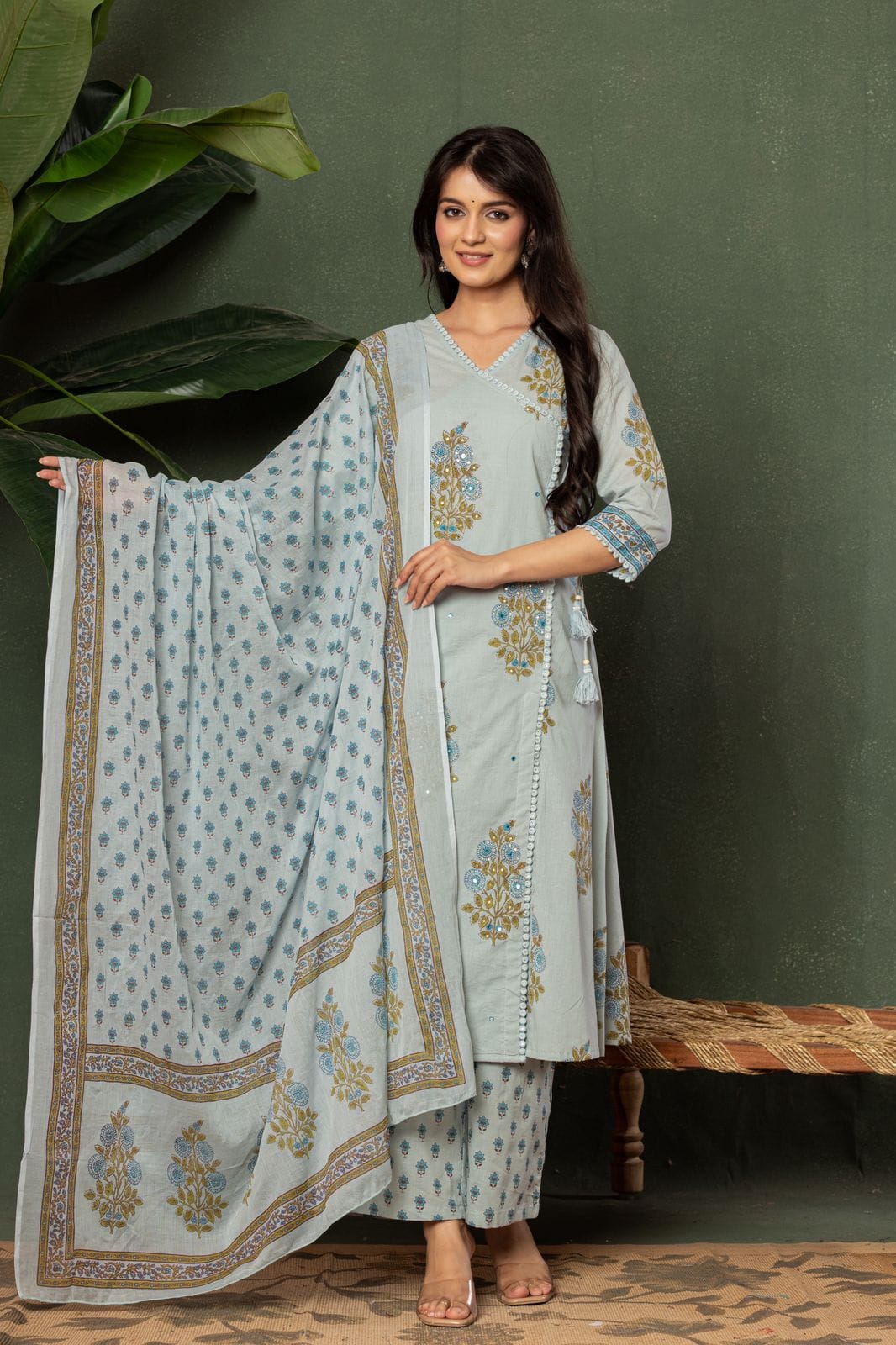 Natural Fab Women’s Light Blue Floral Printed Angrakha Style Kurti Set with Pants & Dupatta