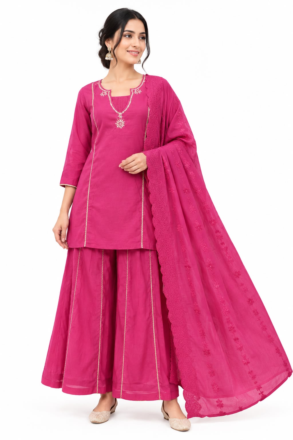 Natural Fab Women’s Rani Pink Cotton Kurti Set with Flared Palazzo Pants & Embroidered Dupatta