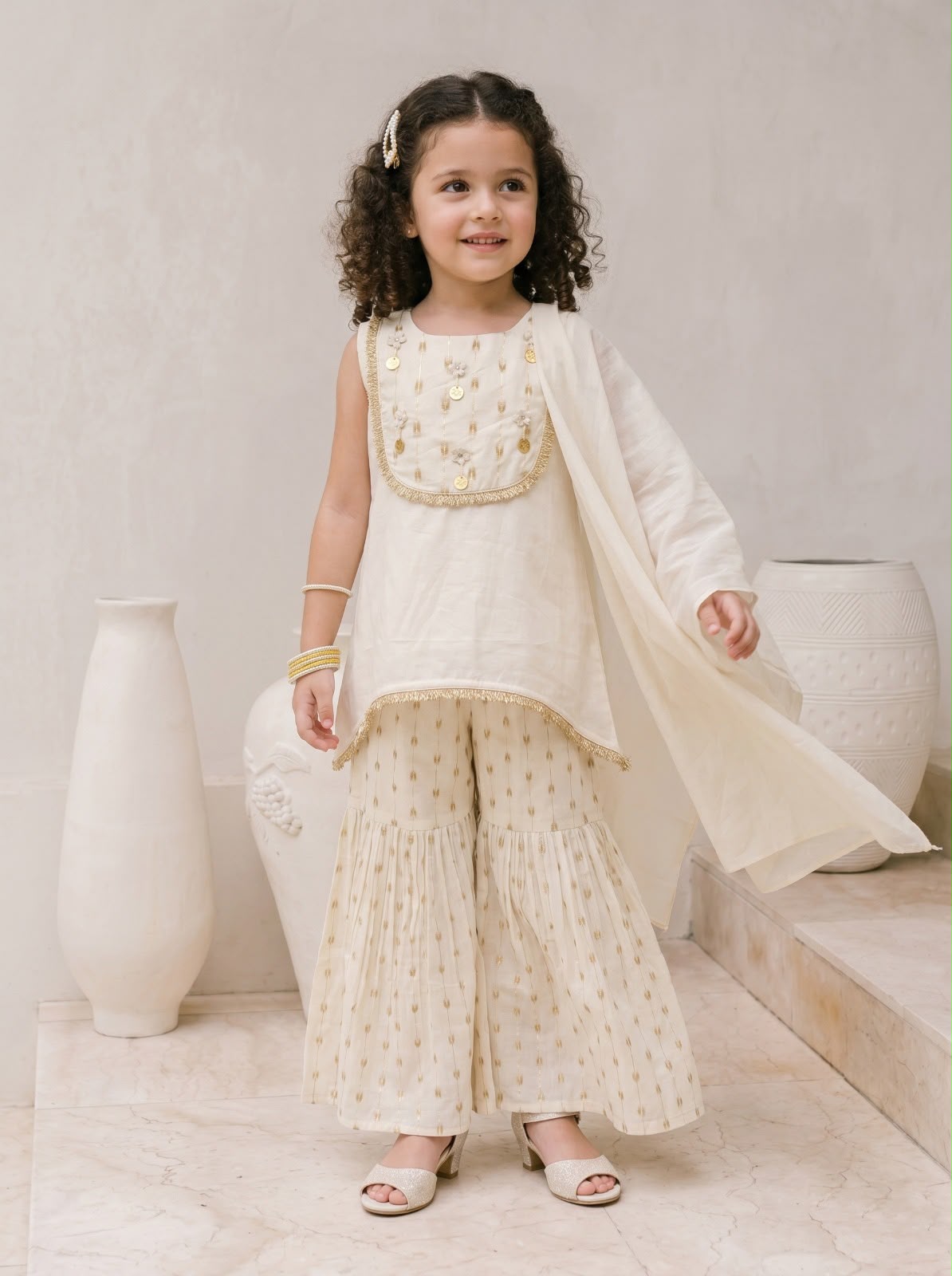 Natural Fab Girls Ivory Sharara Set with Dupatta & Gold Embroidery | Festive Ethnic Wear