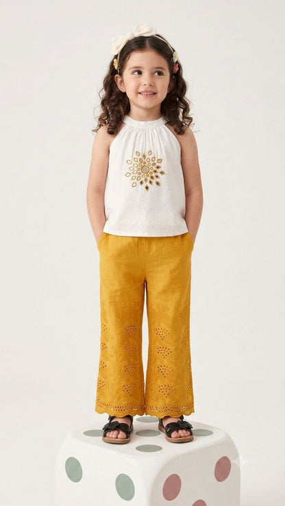 Natural Fab Girls White & Mustard Yellow Co-Ord Set with Embroidered Top & Wide-Leg Pants